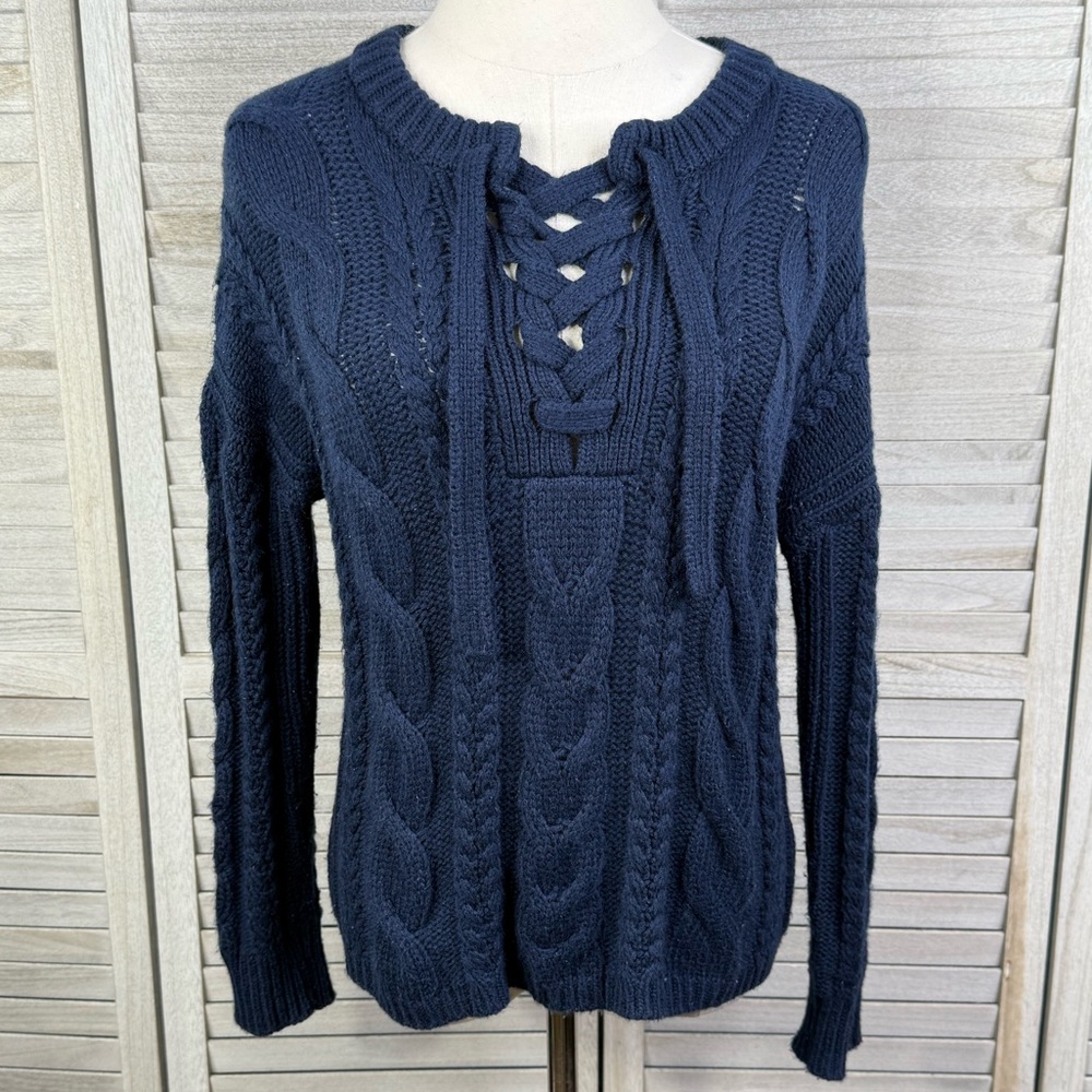 MADEWELL Cableknit Sweater Laced Up Bust Navy Blue-XXS